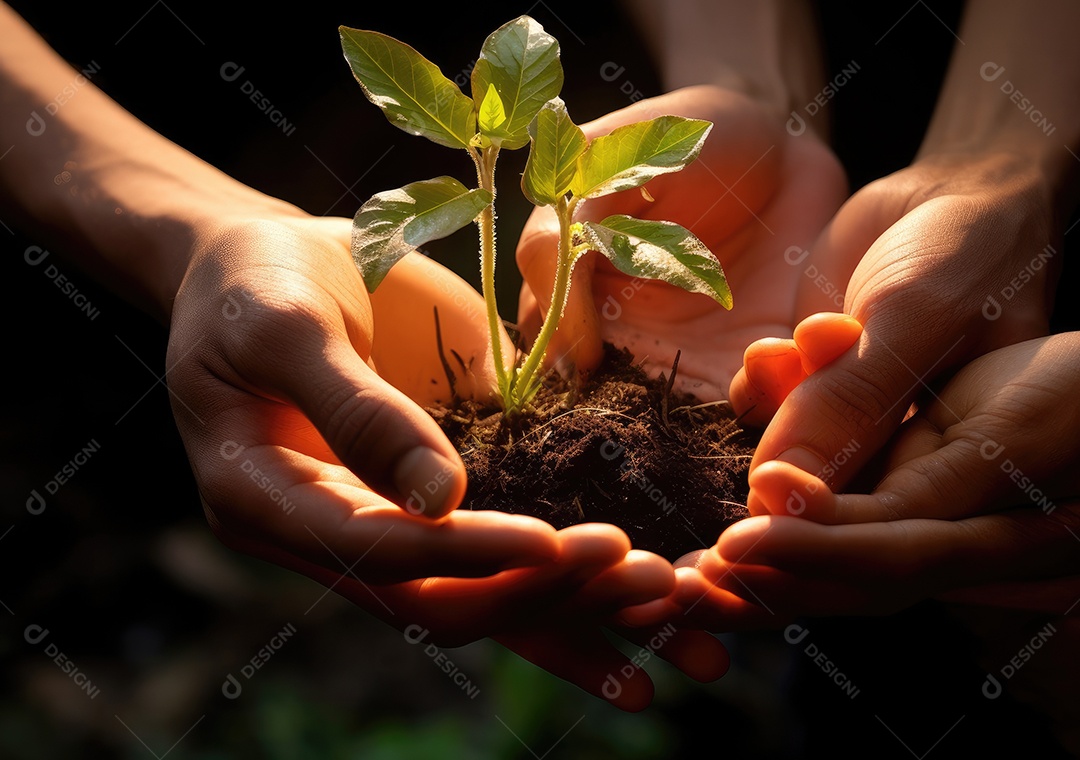 Verde e crescente. Foto de um grupo de pessoas, cada uma segurando uma planta crescendo no solo.