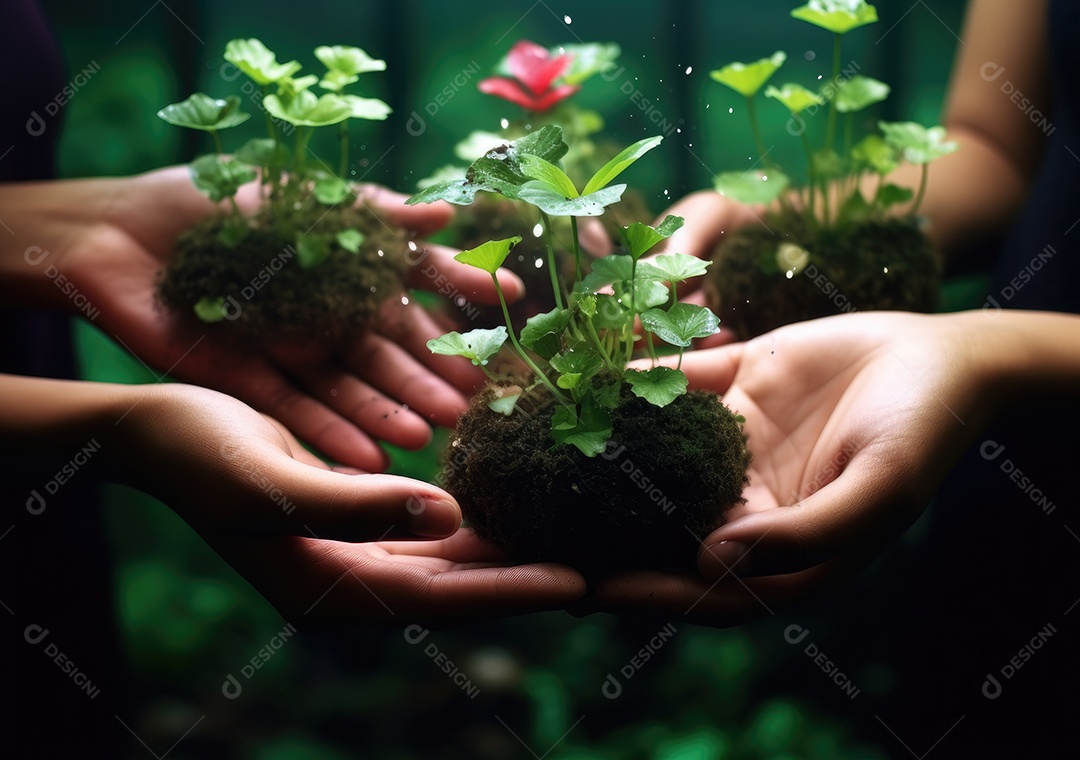 Verde e crescente. Foto de um grupo de pessoas, cada uma segurando uma planta crescendo no solo.