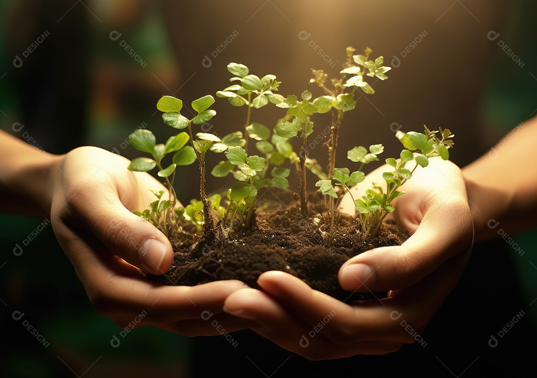 Verde e crescente. Foto de um grupo de pessoas, cada uma segurando uma planta crescendo no solo.