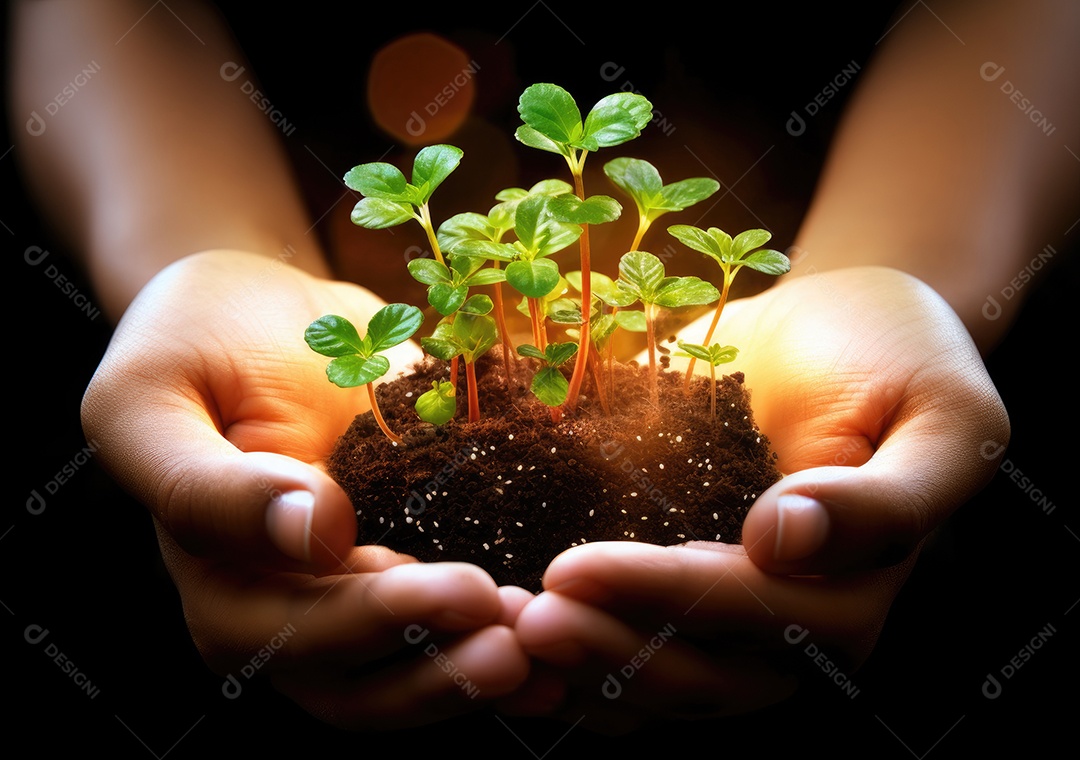 Verde e crescente. Foto de um grupo de pessoas, cada uma segurando uma planta crescendo no solo.