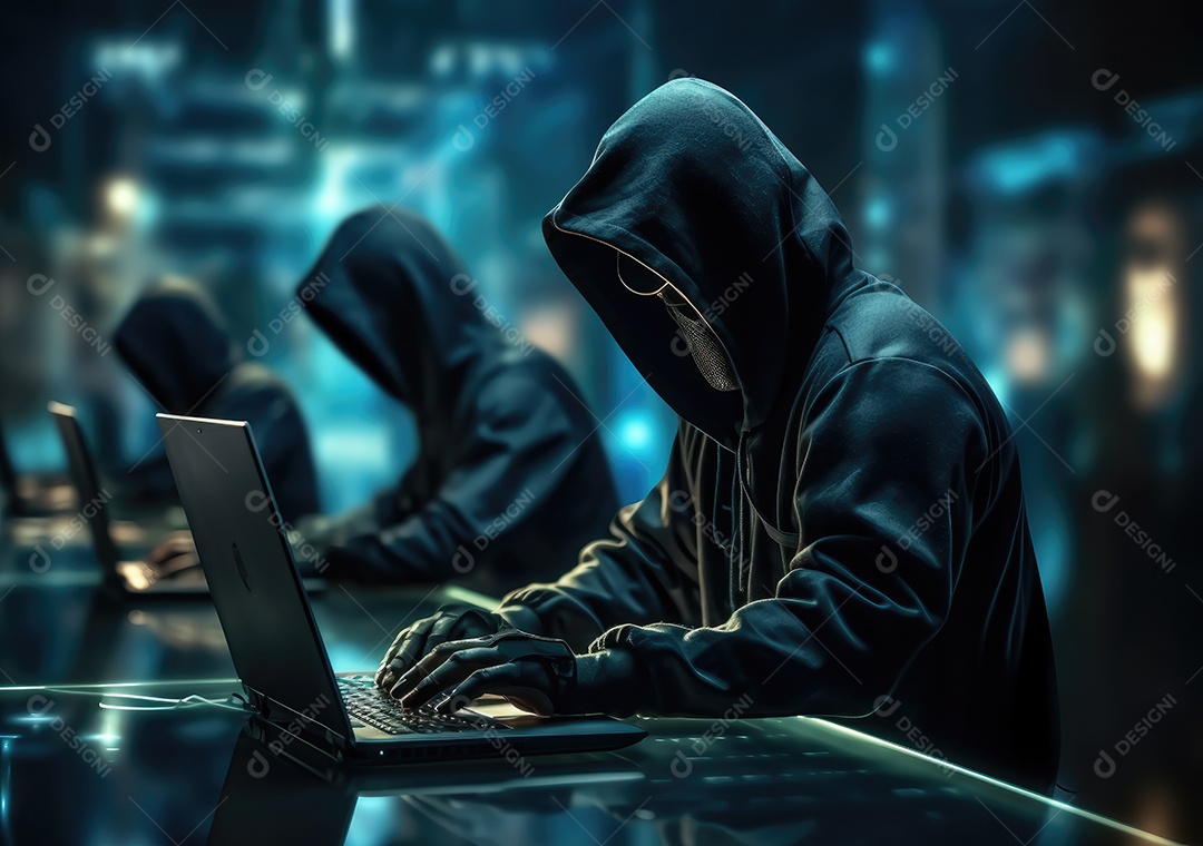 Hacker com capuz preto trabalhando no laptop no quarto escuro. Perigo