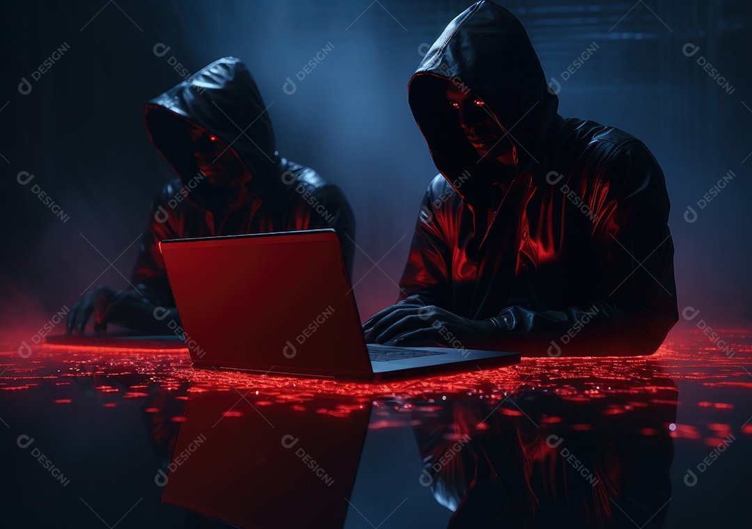 Hacker com capuz preto trabalhando no laptop no quarto escuro. Perigo
