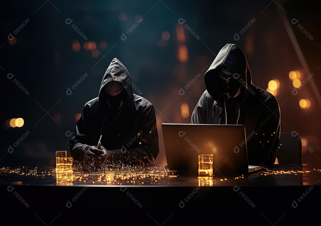 Hacker com capuz preto trabalhando no laptop no quarto escuro. Perigo