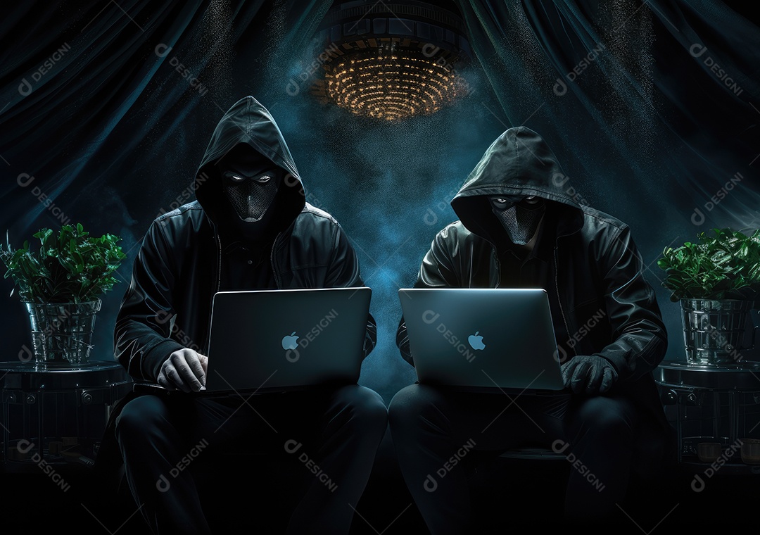 Hacker com capuz preto trabalhando no laptop no quarto escuro. Perigo