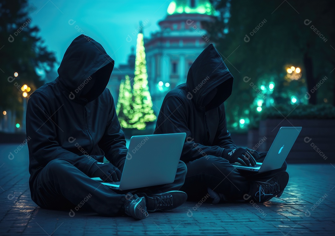 Hacker com capuz preto trabalhando no laptop no quarto escuro. Perigo