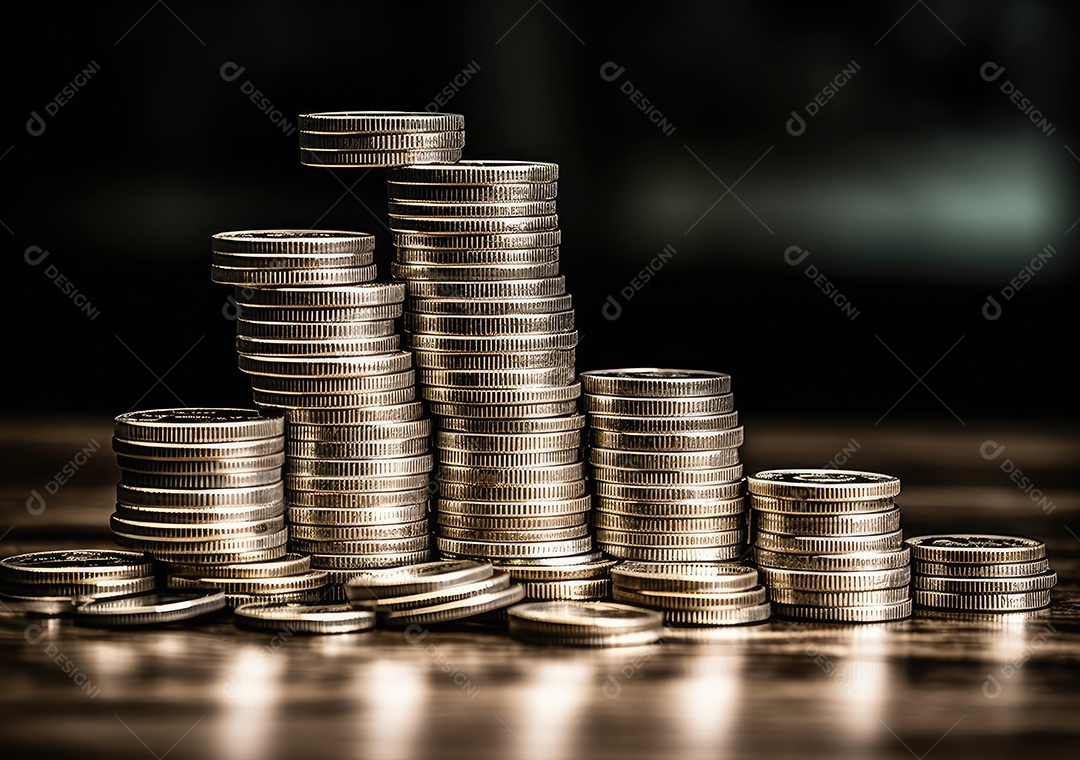 Pilha de pilha de moedas de prata e gráfico de dinheiro crescente em linhas.