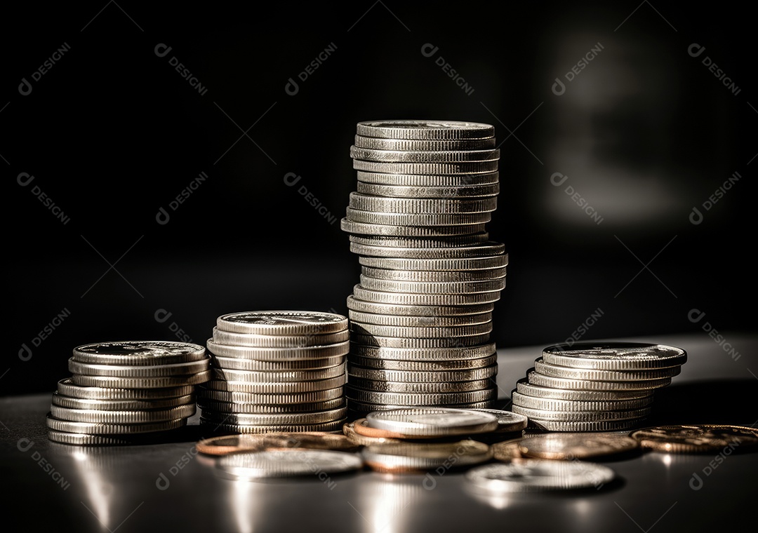 Pilha de pilha de moedas de prata e gráfico de dinheiro crescente em linhas.