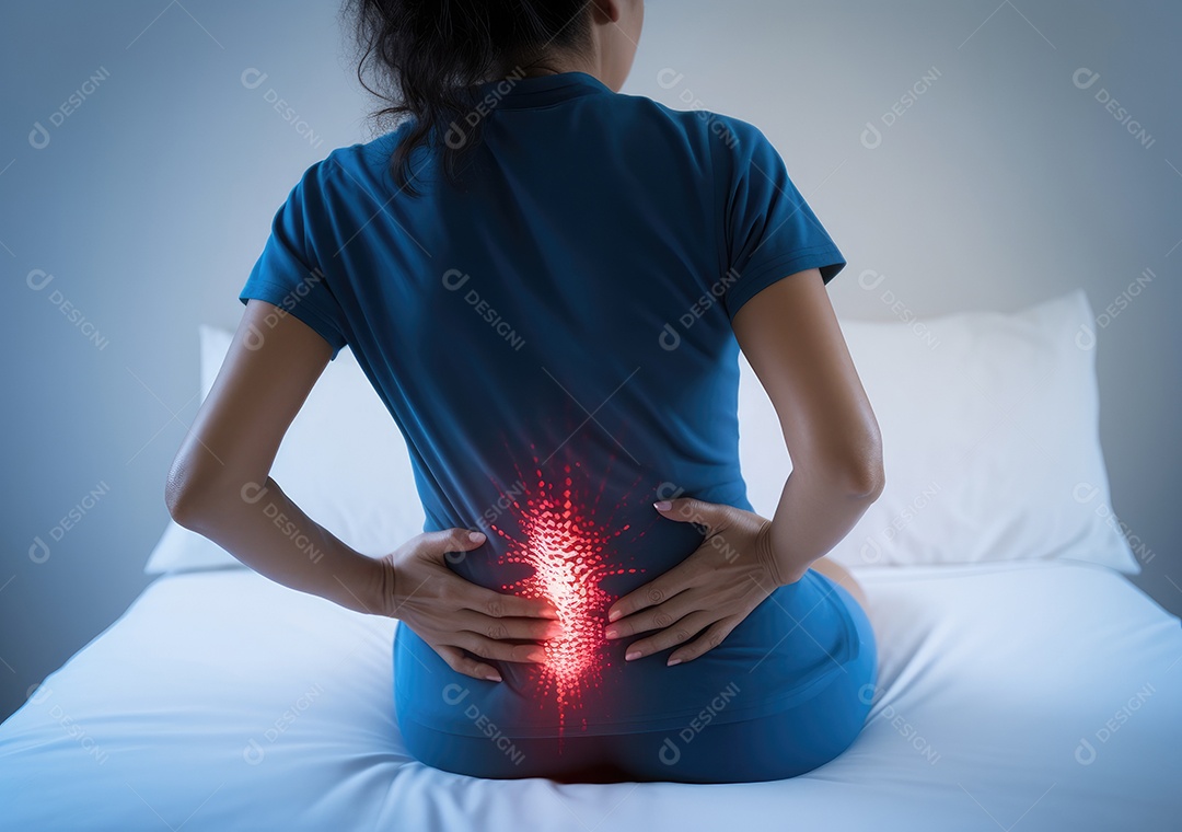 Esta cama não é confortável para mim. mulher segurando suas costas dolorosas.