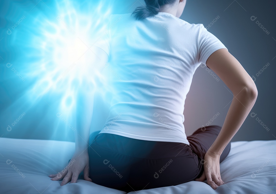 Esta cama não é confortável para mim. mulher segurando suas costas dolorosas.