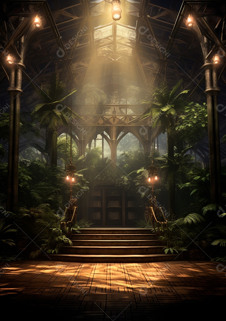 Fundo detalhado de folhagens e plantas, cenas rústicas e interiores