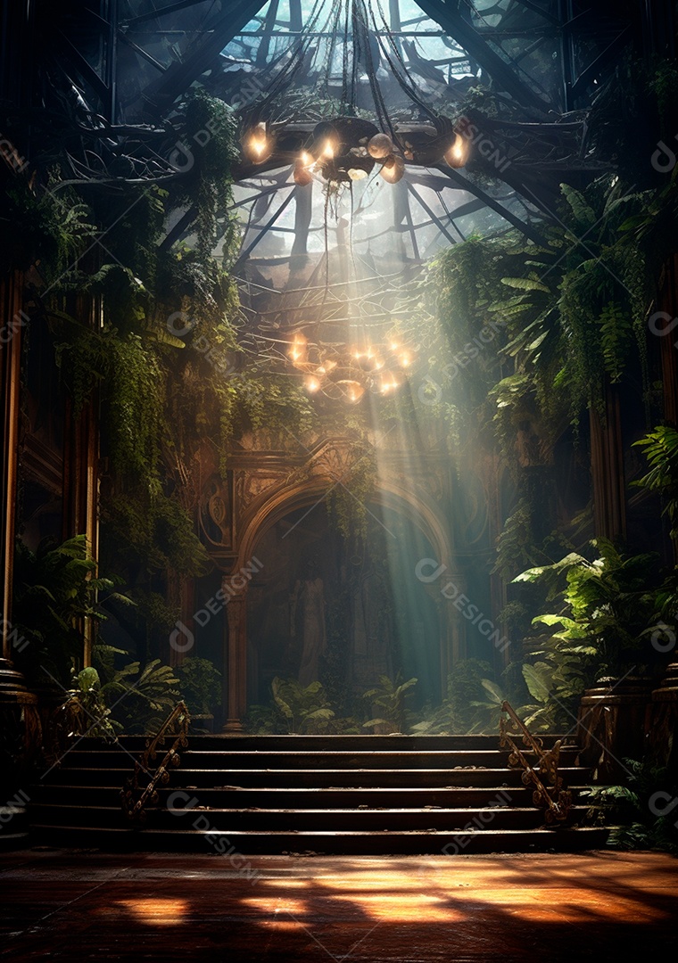 Fundo detalhado de folhagens e plantas, cenas rústicas e interiores