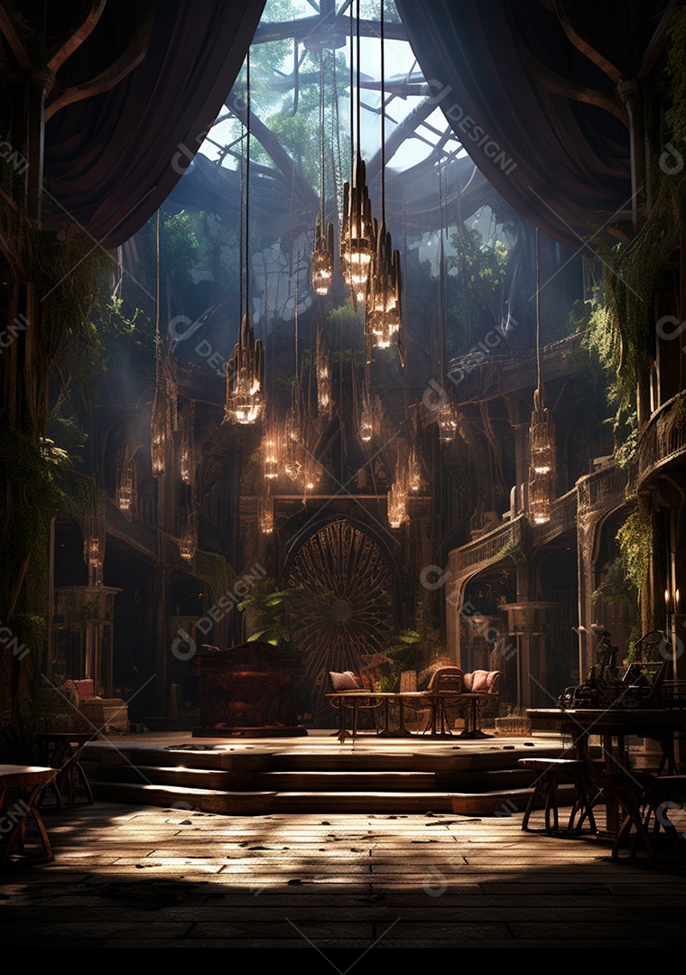 Fundo detalhado de folhagens e plantas, cenas rústicas e interiores