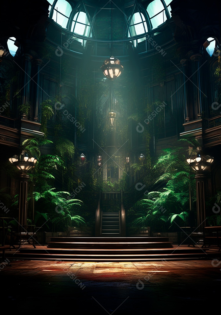 Fundo detalhado de folhagens e plantas, cenas rústicas e interiores