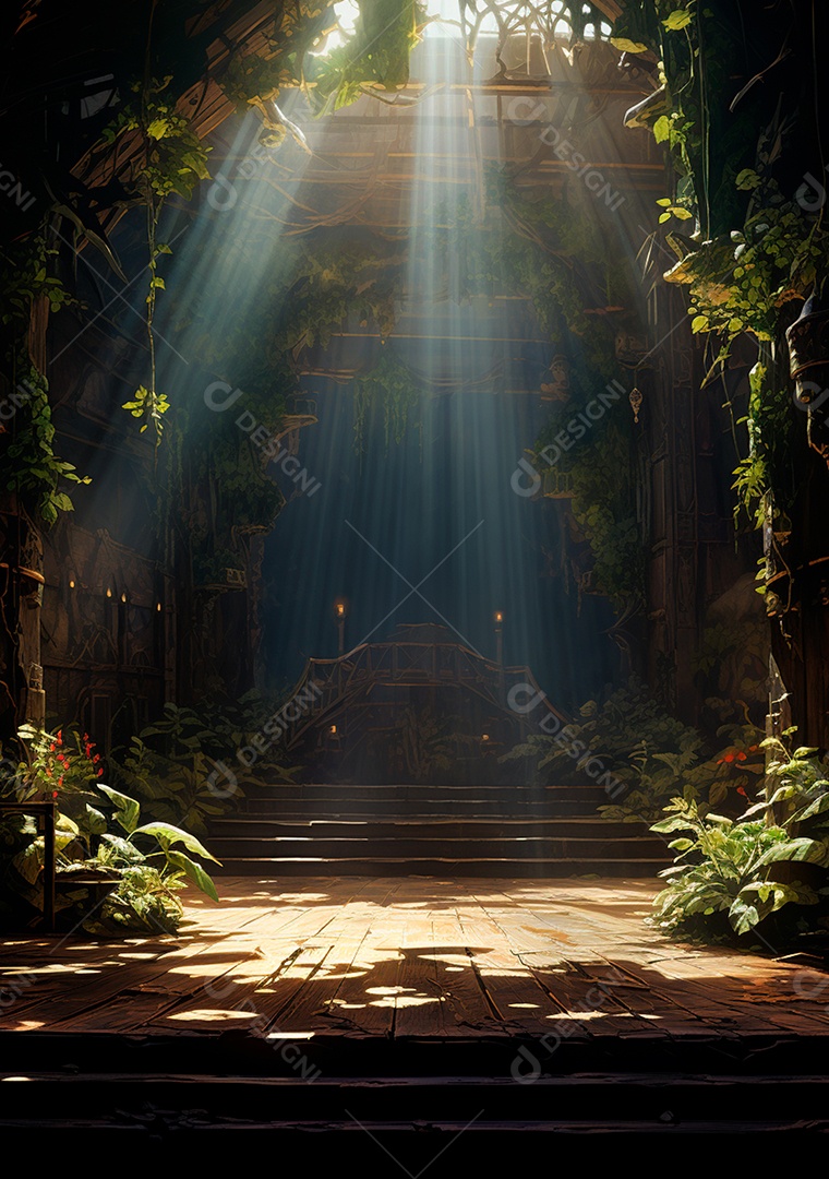 Fundo detalhado de folhagens e plantas, cenas rústicas e interiores