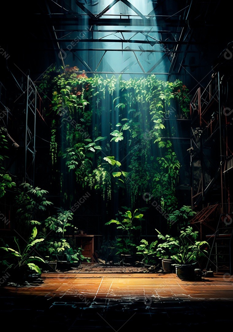 Fundo detalhado de folhagens e plantas, cenas rústicas e interiores