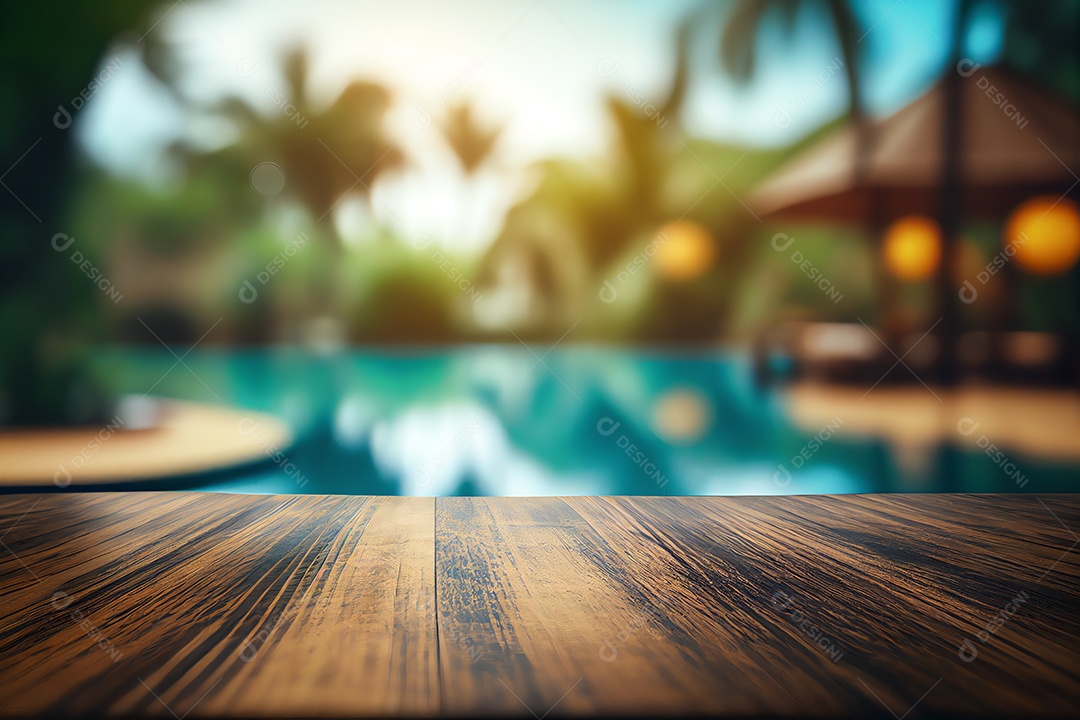 Abstrato tampo de mesa de madeira vazia em branco sobre piscina turva no fundo do resort, férias de verão