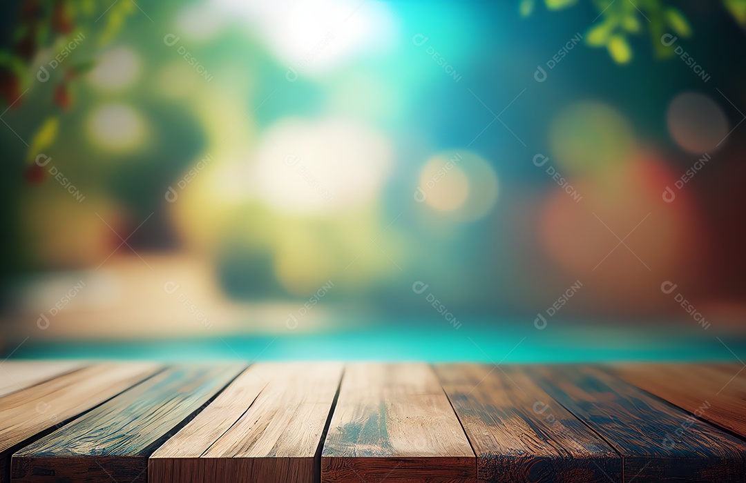Abstrato tampo de mesa de madeira vazia em branco sobre piscina turva no fundo do resort, férias de verão