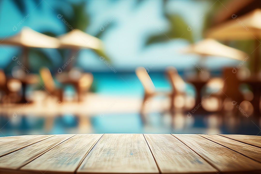 Abstrato tampo de mesa de madeira vazia em branco sobre piscina turva no fundo do resort, férias de verão