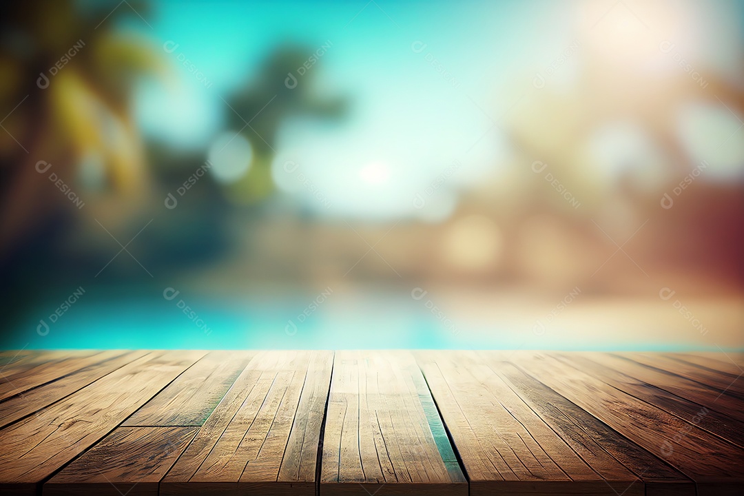 Abstrato tampo de mesa de madeira vazia em branco sobre piscina turva no fundo do resort, férias de verão