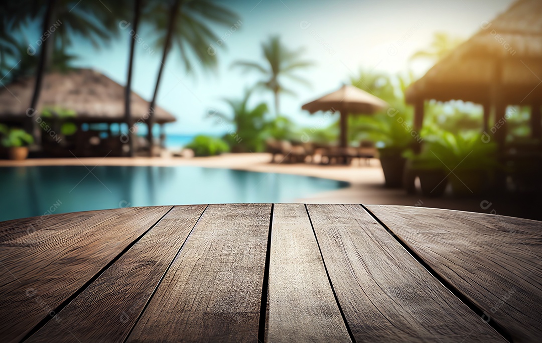 Mesa de madeira em branco abstrata sobre planta verde turva no fundo do jardim com luz solar matinal