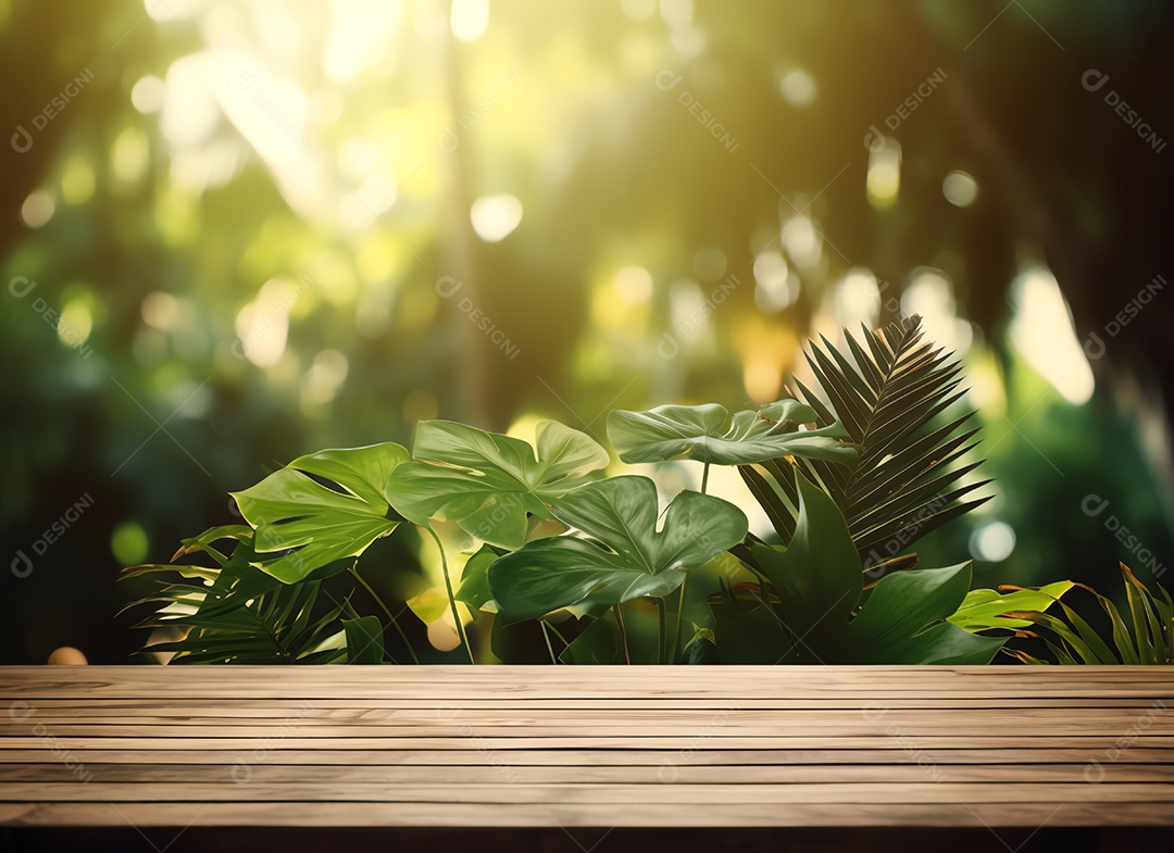Mesa de madeira em branco abstrata sobre planta verde turva no fundo do jardim com luz solar matinal