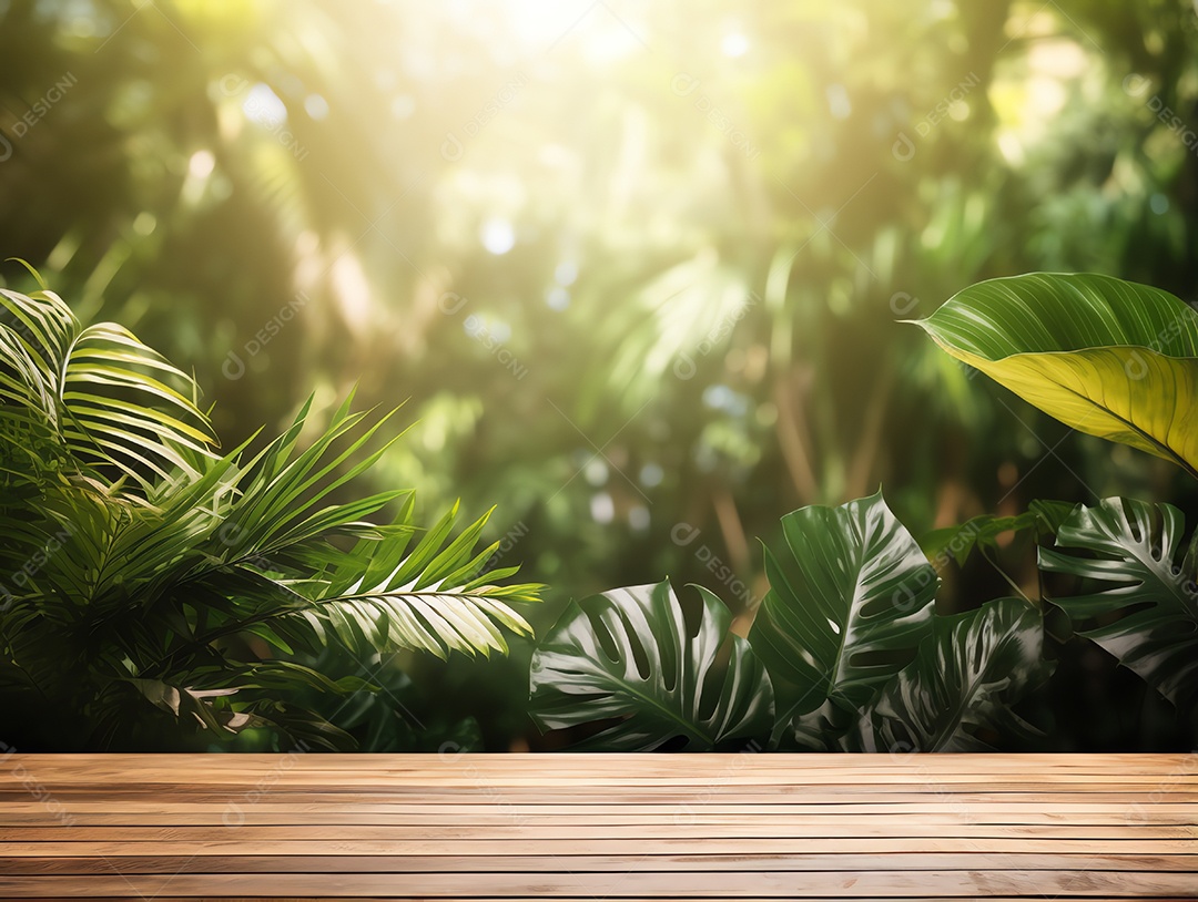 Mesa de madeira em branco abstrata sobre planta verde turva no fundo do jardim com luz solar matinal