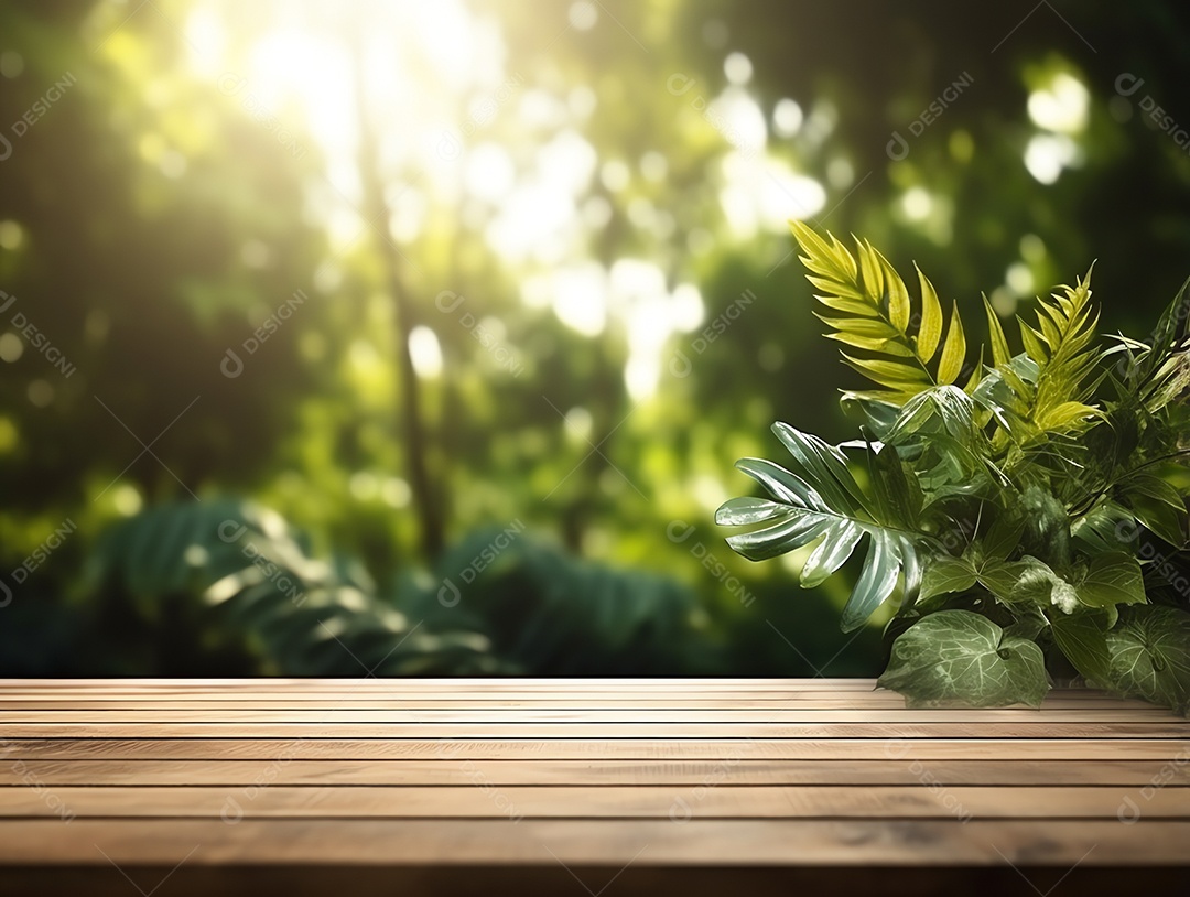 Mesa de madeira em branco abstrata sobre planta verde turva no fundo do jardim com luz solar matinal