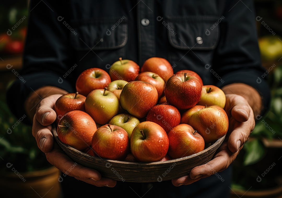 Frutas sobre uma caixa de madeira em uma mesa de madeira