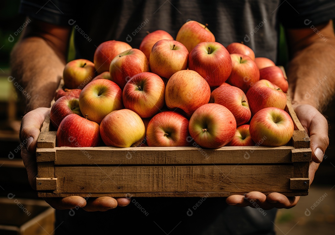 Frutas  sobre uma caixa de madeira em uma mesa de madeira