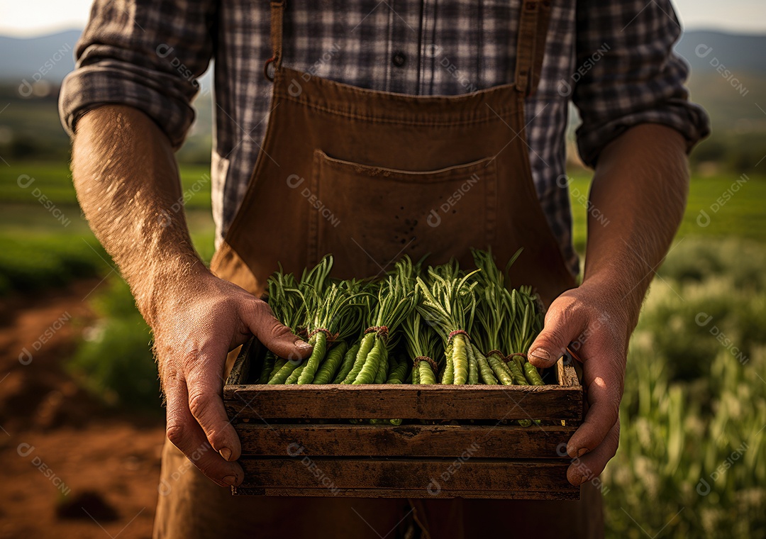 Verduras sobre uma caixa de madeira em uma mesa de madeira