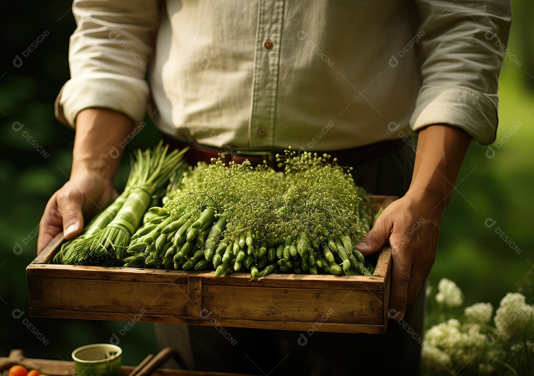 Verduras sobre uma caixa de madeira em uma mesa de madeira
