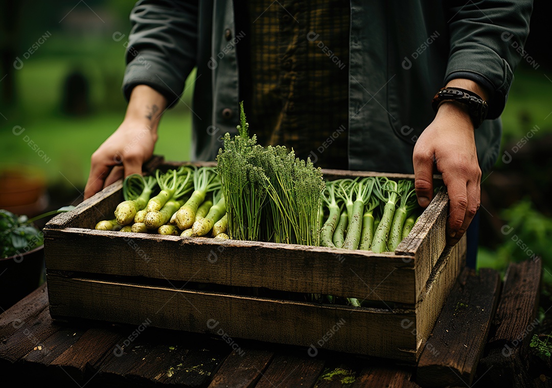 Verduras sobre uma caixa de madeira em uma mesa de madeira