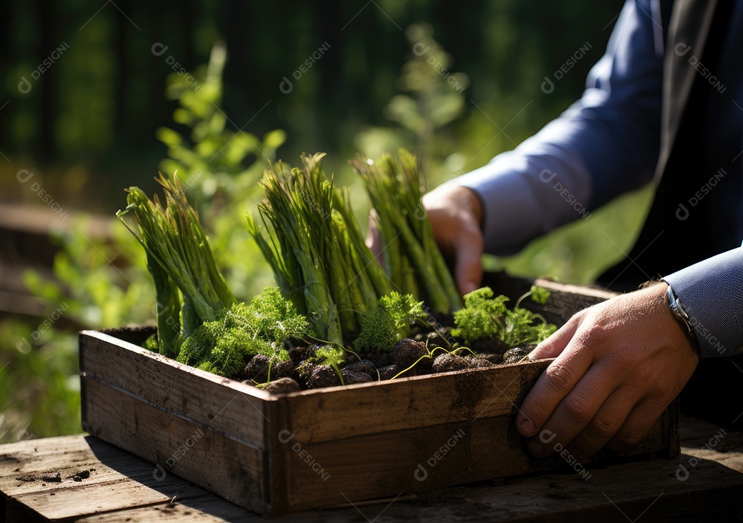 Verduras sobre uma caixa de madeira em uma mesa de madeira