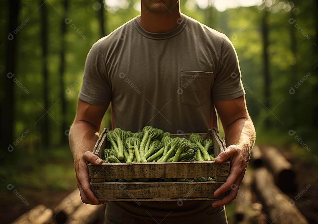 Verduras sobre uma caixa de madeira em uma mesa de madeira