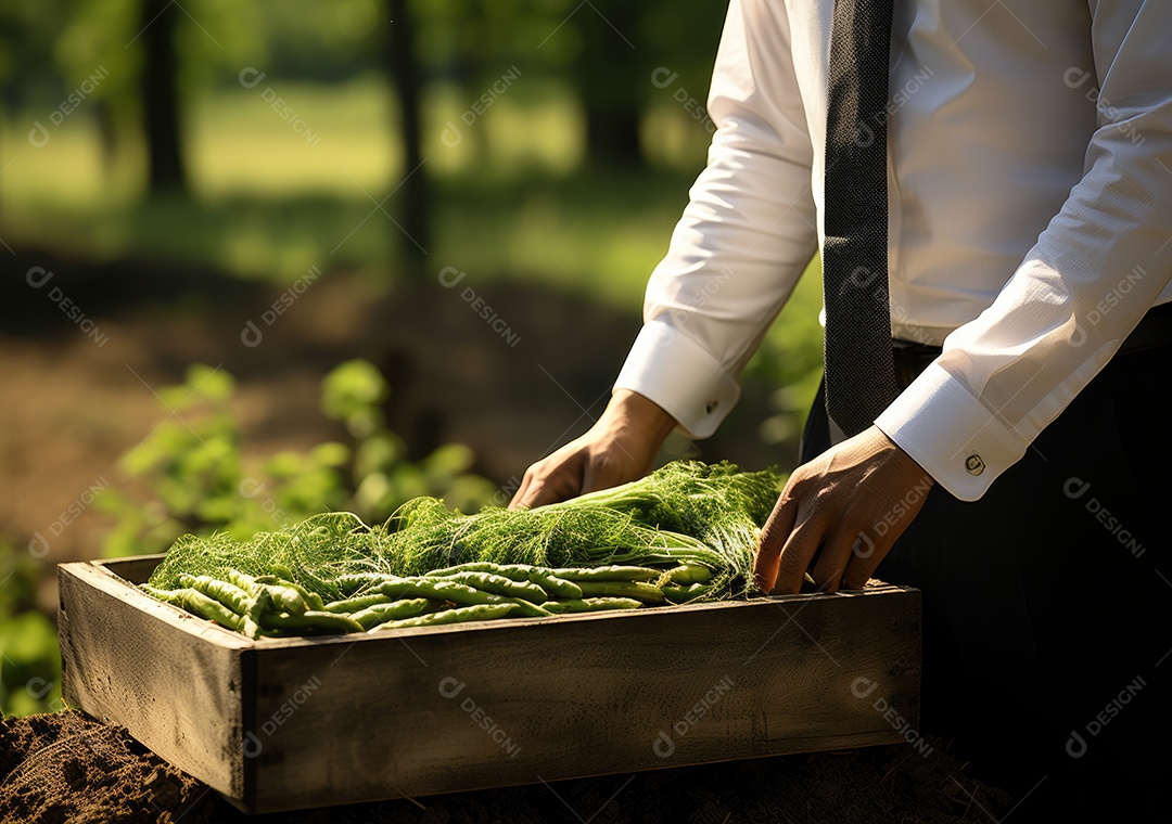 Verduras sobre uma caixa de madeira em uma mesa de madeira