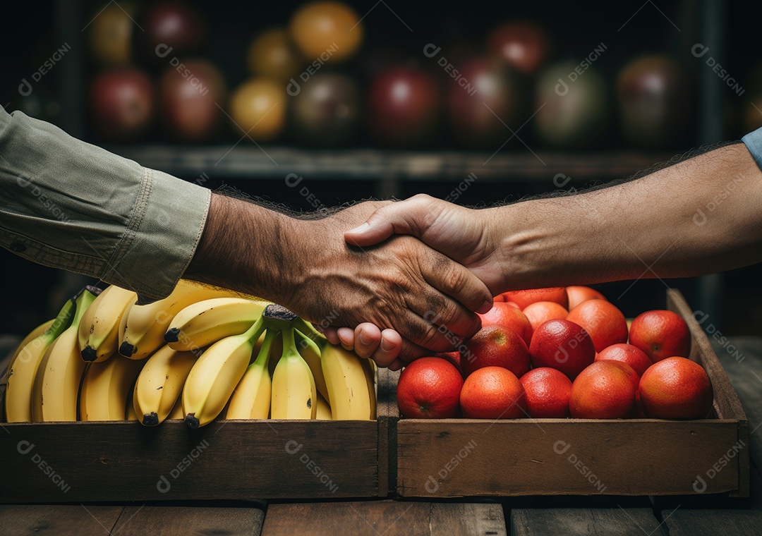 Frutas sobre uma caixa de madeira em uma mesa de madeira