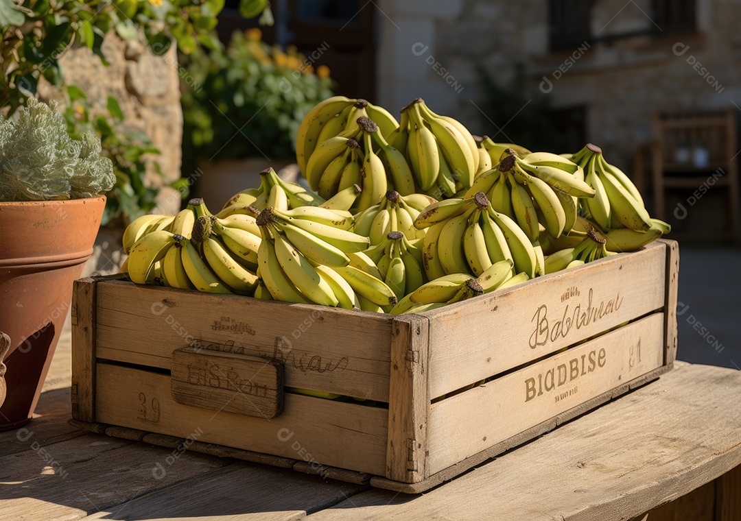 Frutas sobre uma caixa de madeira em uma mesa de madeira