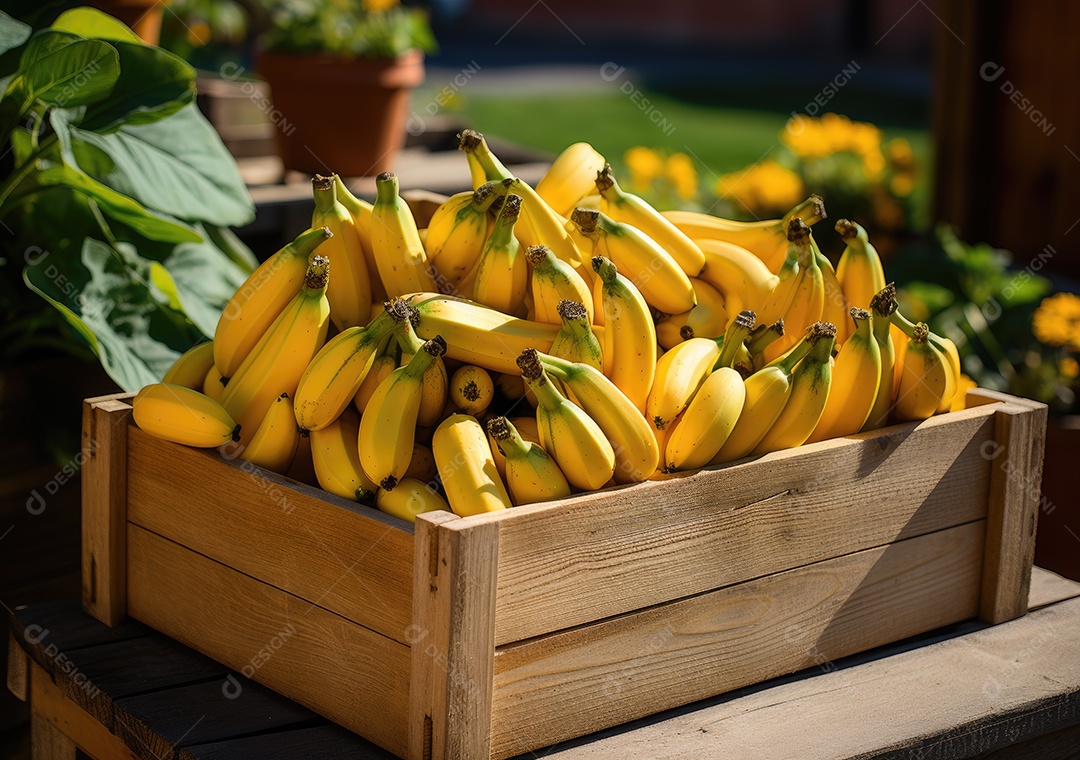 Frutas sobre uma caixa de madeira em uma mesa de madeira