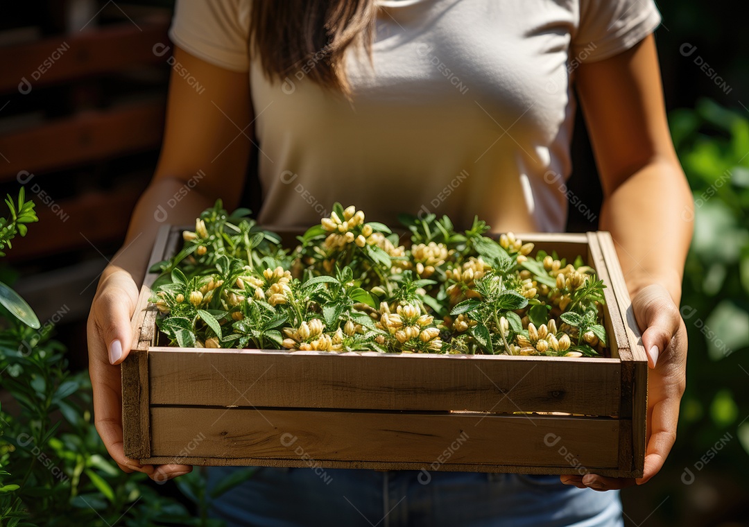 Verduras sobre uma caixa de madeira em uma mesa de madeira