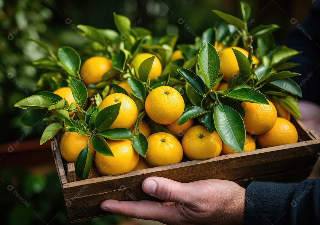 Frutas  sobre uma caixa de madeira em uma mesa de madeira