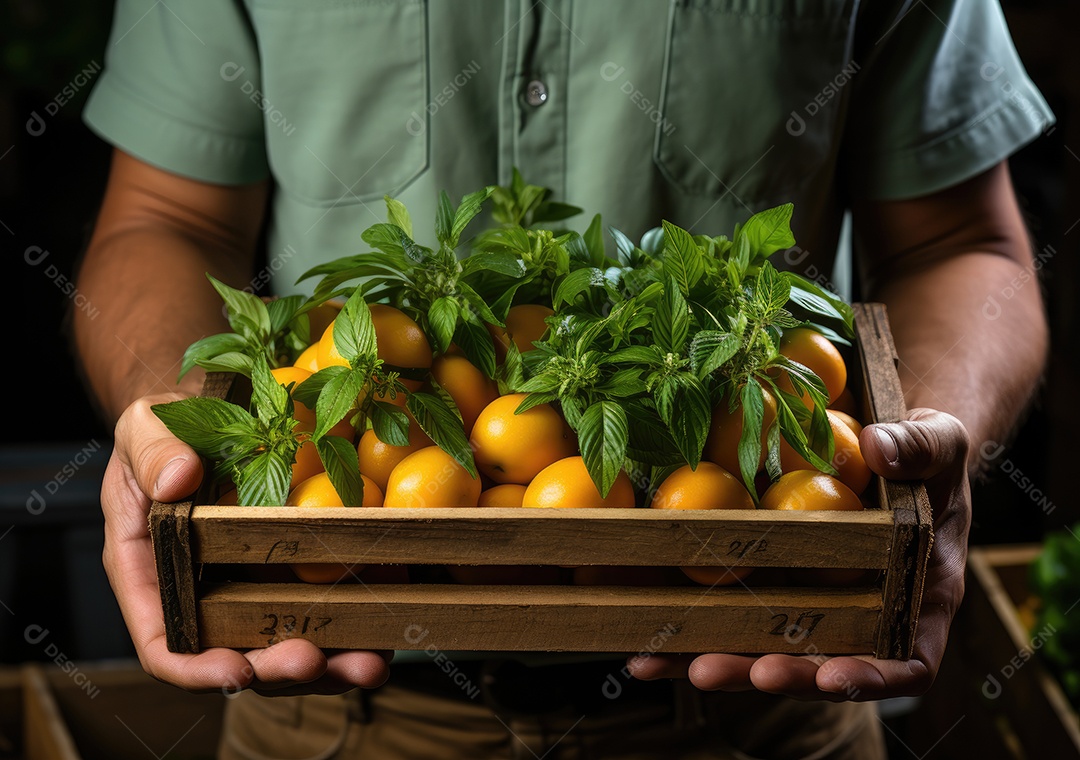 Mãos de pessoa segurando caixa de madeira com frutas