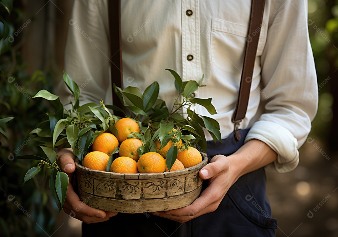 Mãos de pessoa segurando caixa de madeira com verduras