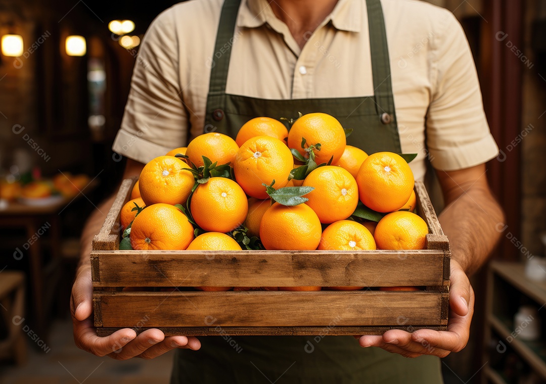 Mãos de pessoa segurando caixa de madeira com verduras