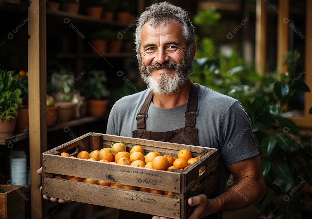 Mãos de pessoa segurando caixa de madeira com verduras