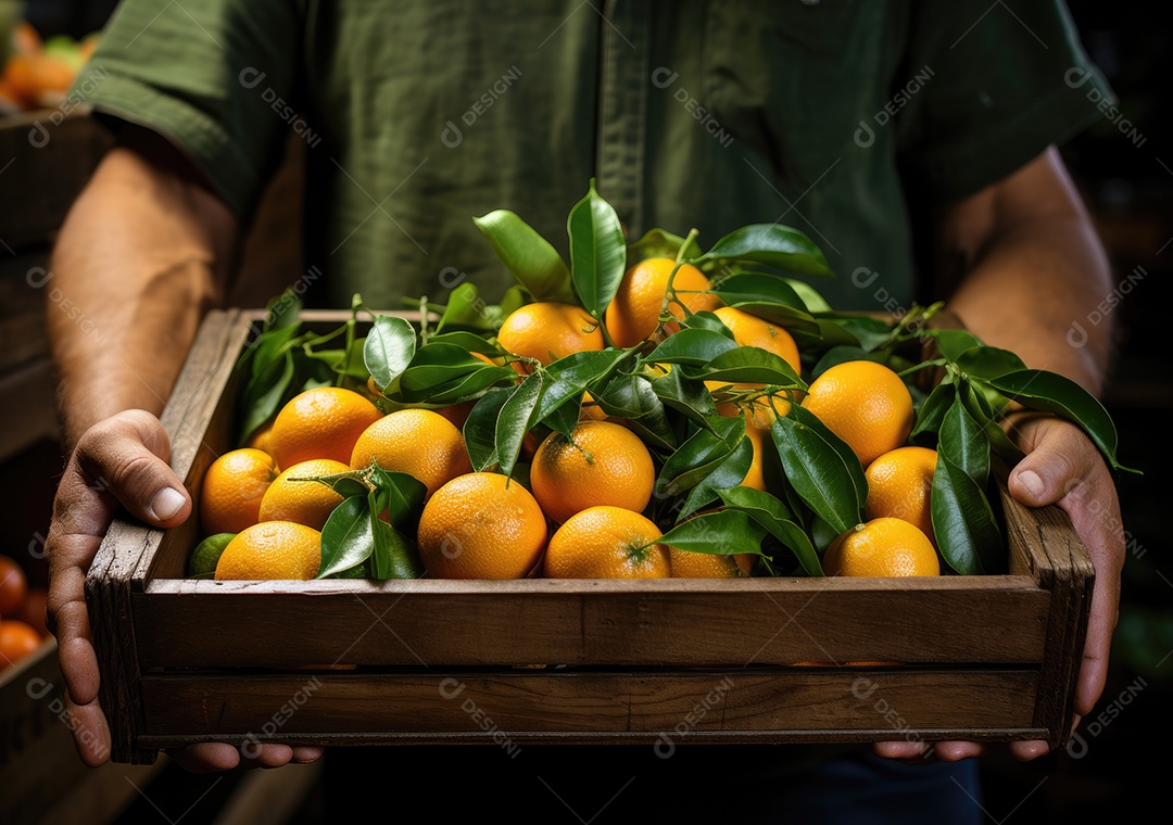 Mãos de pessoa segurando caixa de madeira com verduras