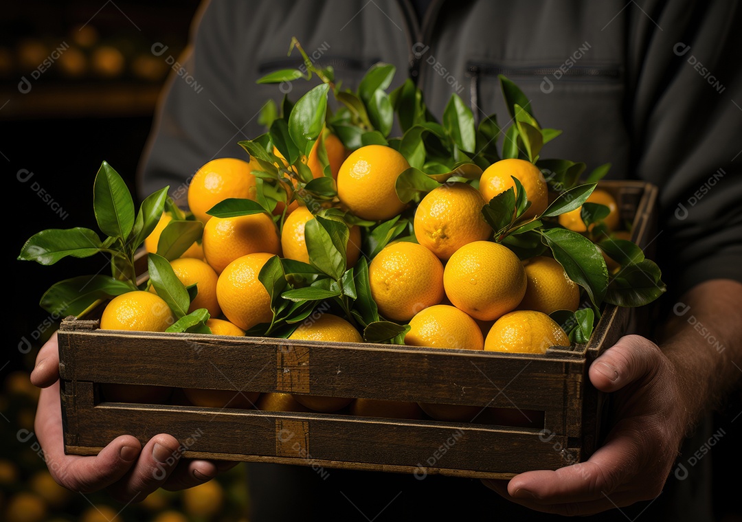 Mãos de pessoa segurando caixa de madeira com verduras