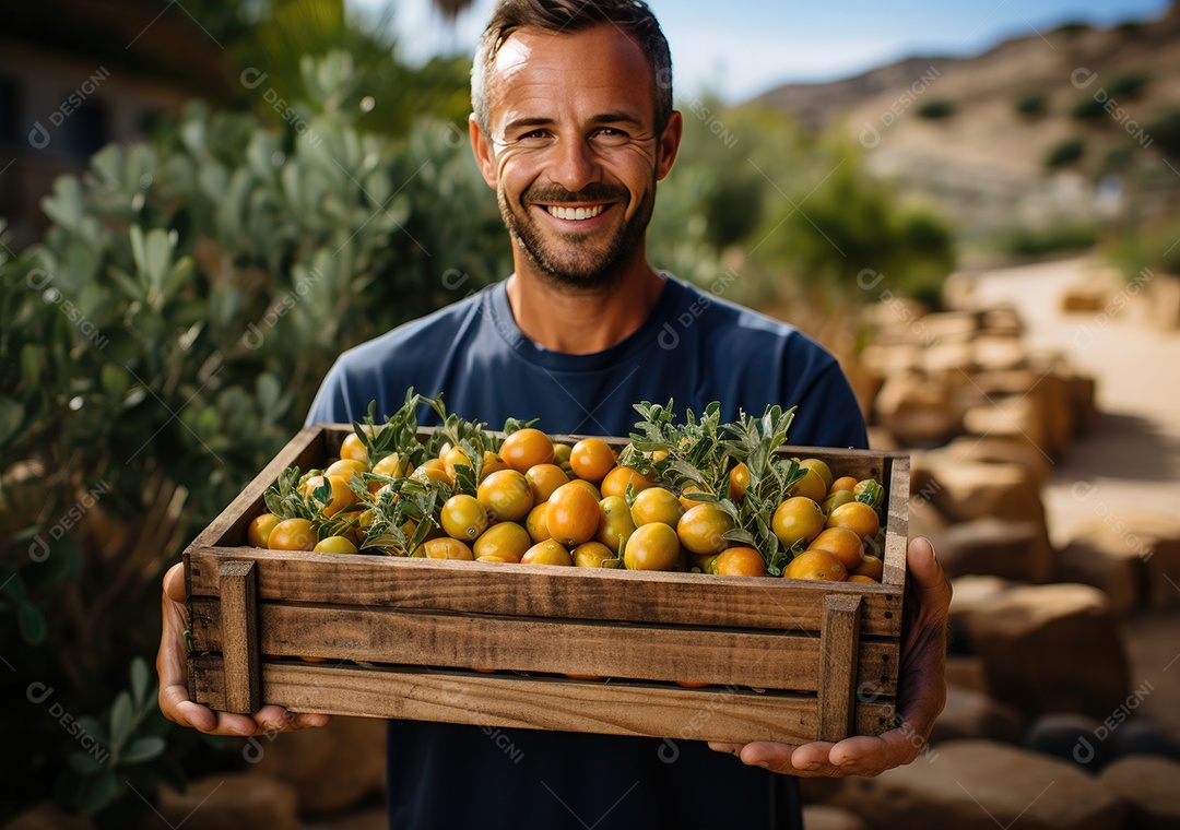 Mãos de pessoa segurando caixa de madeira com verduras