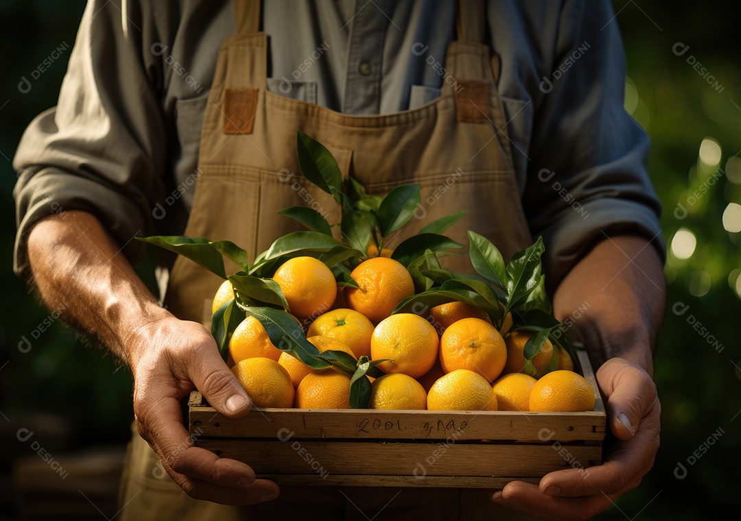 Mãos de pessoa segurando caixa de madeira com verduras