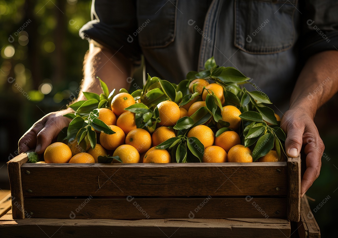 Mãos de pessoa segurando caixa de madeira com verduras