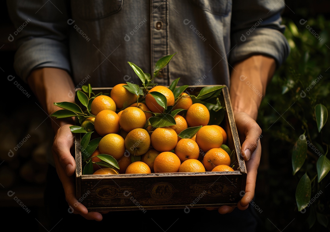Mãos de pessoa segurando caixa de madeira com verduras